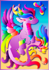 A stained glass illustration with a bright cartoon dragon on a blue background