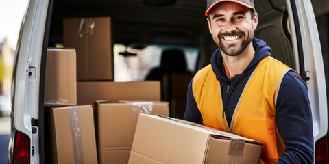 portrait of Courier and Messenger, who Pick up and carry messages, documents, packages, and other items between offices or departments within an establishment or to other business concerns