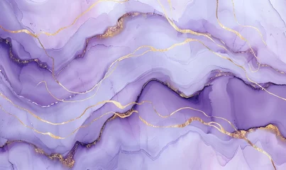 Foto auf Glas Violet Lavender Watercolor Marble with Golden Lines Background,Generative AI © simba kim