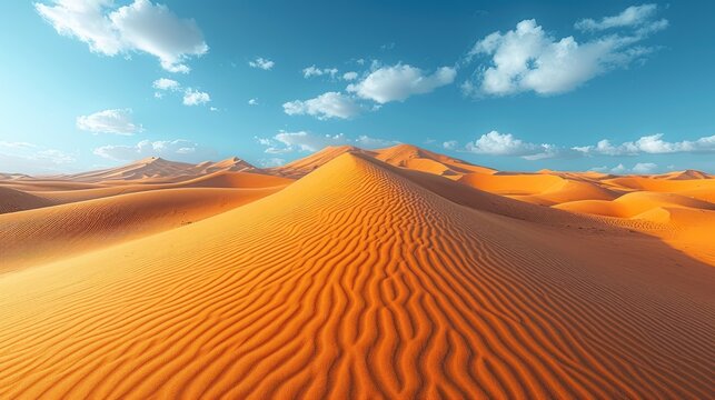  a group of sand dunes in the desert under a blue sky with wispy white clouds in the distance.