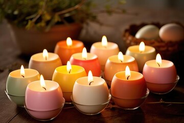 Fototapeta na wymiar Easter Eggshell Candles: Turn eggshells into candles and place them around the drinks for a cozy atmosphere.