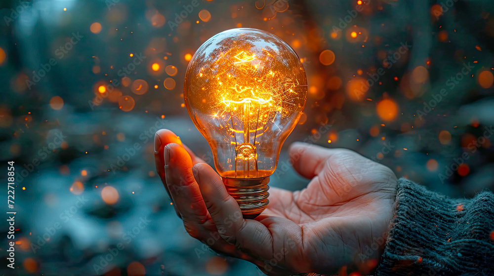 Poster conceptual image with lightbulb with moving gears as a symbol of an idea on dark background