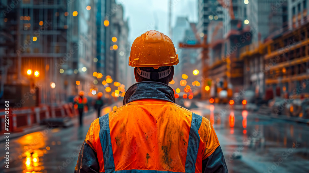 Poster back view of a construction worker in a hard hat and reflective jacket standing on the background of