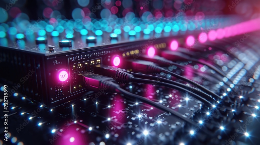 Poster close up of network cables in data center with colorful lights