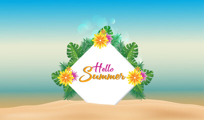 hello Summer Social Media Post Template with Tropical background with flower, and palms leaves.