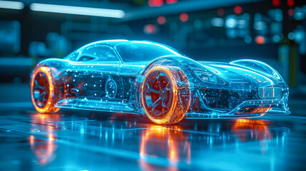 Modern high-tech transparent glowing car electric car translucent with current energy electricity