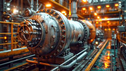Industrial zone, heat exchanger steel pipelines, valves and cables in a factory oil refinery