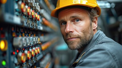 Portrait of a man in a helmet and work clothes standing in a power supply station, repair and adjustment by an electrician of an electrical panel - obrazy, fototapety, plakaty