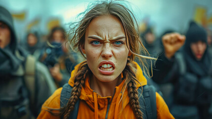 A woman protests at a rally for freedom, peace and democracy, people protest against the government