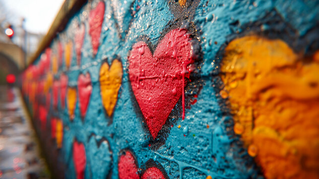 Colorful graffiti with lowe hearts on the wall of an old building