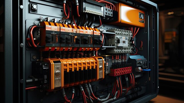 Electrical panel in the control panel of an electrical cabinet cell, low-voltage energy equipment with wires, automatic switches and terminals