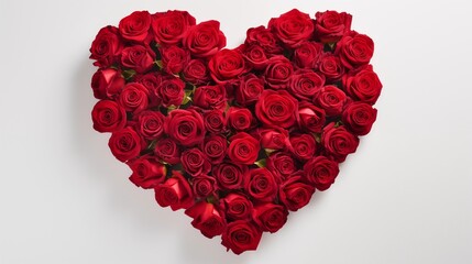 A heart-shaped arrangement of red roses on a white background, symbolizing love and affection.
