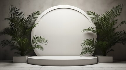 Empty stage with palm trees and podium on a white oval.
