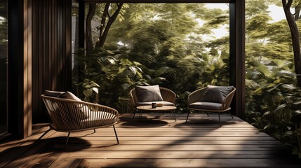 A serene outdoor setting with a wooden deck adorned by two chairs and a table, perfect for relaxation and enjoying the outdoors.

