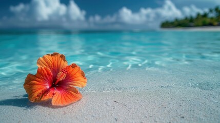  an orange flower sitting in the middle of a body of water with a blue sky and clouds in the background.
