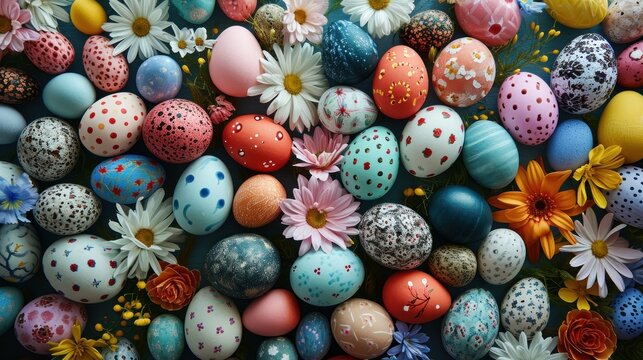  a bunch of different colored eggs with daisies and daisies in the middle of the eggs are painted with polka dots, polka dots, polka dots, and daisies, and daisies, and daisies.