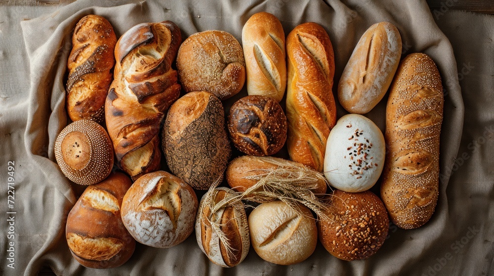 Poster a bunch of breads sitting on top of a table next to a baguette on a table cloth.