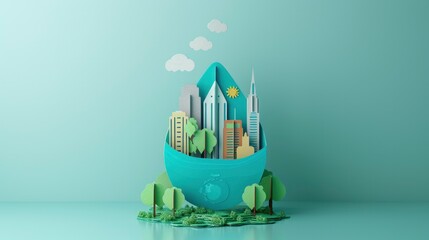 World Water Day, Save Water with a City Inside a Water Drop - A Fusion of Paper Illustration and 3D Art