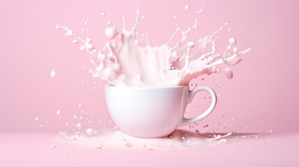  a splash of milk in a white cup on a pink background with a splash of milk coming out of the cup.