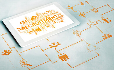 Human Resources Recruitment and People Networking Concept. Modern graphic interface showing professional employee hiring and headhunter seeking interview candidate for future manpower.