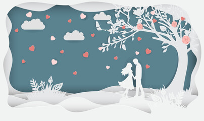 Fototapeta na wymiar Happy Valentine's Day illustration sweet couple surrounded by love, romance, and celebration elements in a fun and vibrant design.Vector illustration