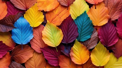 Fototapeta na wymiar Multicolor autumn leaves on the ground, beautiful falling leaves in rainbow color. Created with Generative AI