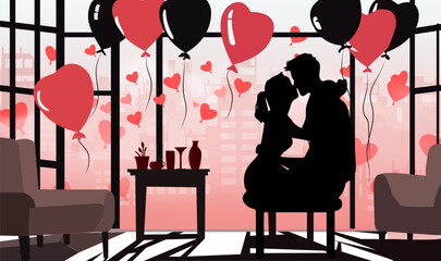 Happy Valentine's Day illustration sweet couple surrounded by love, romance, and celebration elements in a fun and vibrant design.Vector illustration