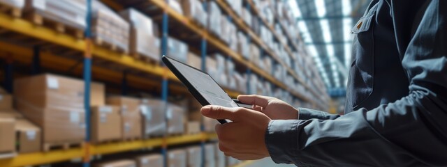 Smart Warehouse,Inventory management system concept.Manager using digital tablet,showing warehouse software management dashboard
