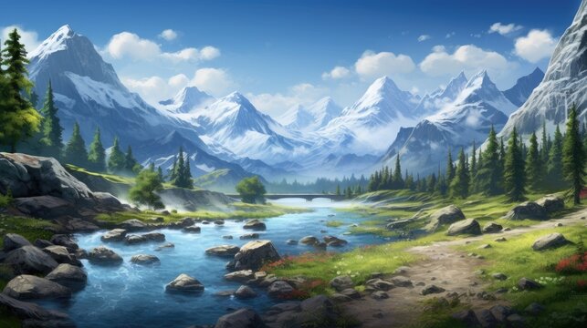 Fantastic mountain landscape with a river. Generative AI