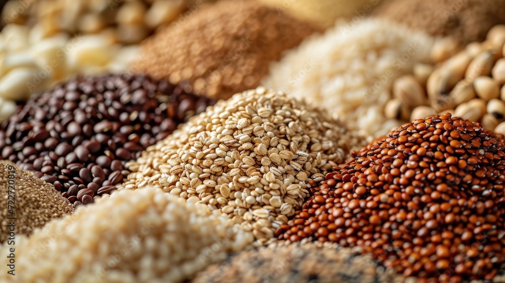 Poster a close up of a variety of grains and grains of different colors and sizes on a table in a store.