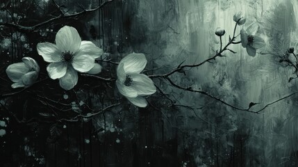  a black and white painting of three flowers on a branch in front of a dark, grungy background.