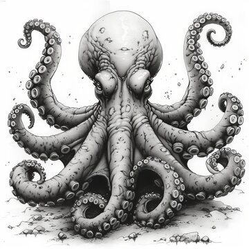 Octopus, line art, black and white, sharp lines