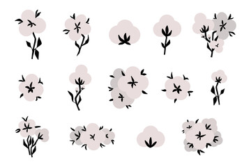 Cotton flower. Organic flowers. White balls with leaves. Textile symbol, pure plants. Blossom fluffy fiber on stem. Rustic trendy greenery cartoon flat isolated vector botanical illustration