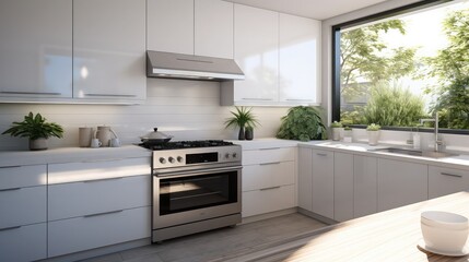 Fototapeta na wymiar Interior of contemporary kitchen with white cabinets and built in oven metal range hood and fridge and wide window
