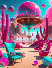 Foto op Canvas Psychedelic Surrealism - Ultra-realistic 8K landscape with diverse birds, furniture, and a nude man in a surreal desert with floating glowing orbs Gen AI © Ian
