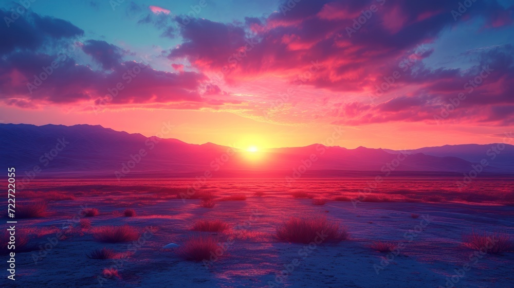 Aufkleber the sun is setting in the middle of the desert with a mountain range in the distance and clouds in t