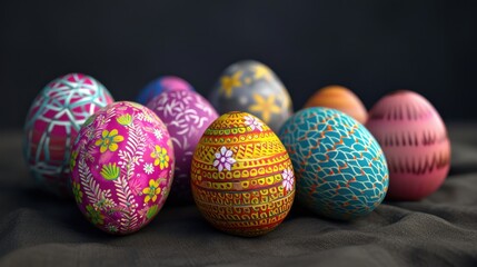 Fototapeta premium a group of colorful painted eggs sitting on top of a black table covered in white and pink flowers and leaves.