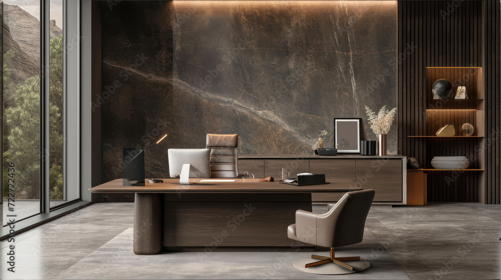 Poster a desk with a chair and a computer on it in a room with a large window and a stone wall.