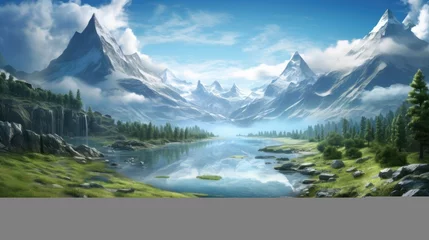 Schilderijen op glas Fantastic mountain landscape with a river. Generative AI © wellyans