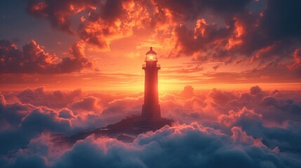  a lighthouse in the middle of a sea of clouds with a bright orange sun in the middle of the sky. - obrazy, fototapety, plakaty