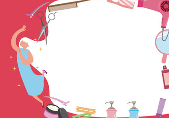 美容室の道具と女性のコピースペース付きイラスト