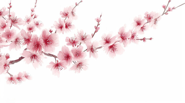  a close up of a branch of a cherry blossom tree with pink flowers on it, on a white background.