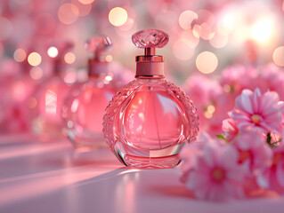 perfume bottles and perfume on pink background