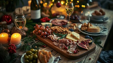  a wooden table topped with cheeses and meats next to a glass of wine and a bottle of wine.