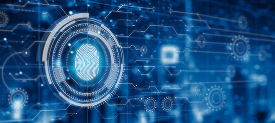 Fingerprint technology scan provides security access. Advanced technological verification future and cybernetic. Biometrics authentication and identity Concept. 3D Rendering.