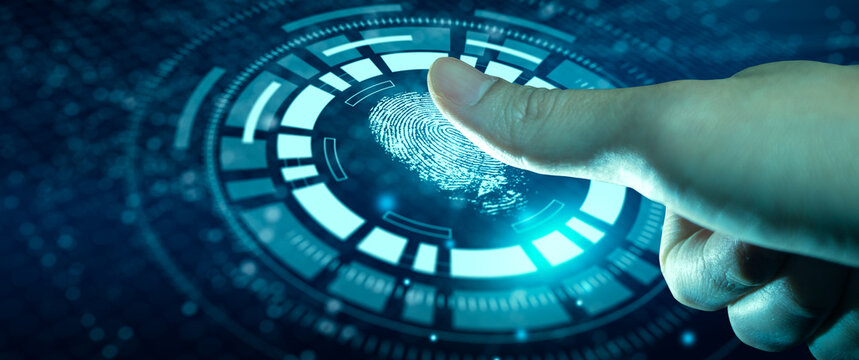 Businessman using Fingerprint technology scan provides security access. Advanced technological verification future and cybernetic. Biometrics authentication and identity Concept.