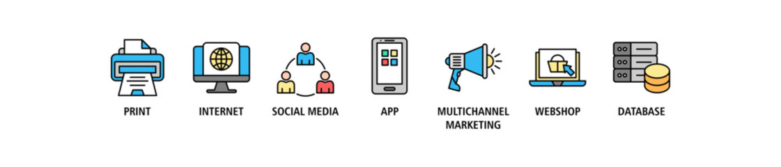 Cross-media banner web icon set vector illustration concept with icon of print, internet, social media, app, multichannel marketing, webshop and database
