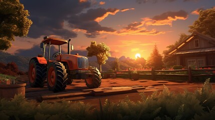 Modern tractor at the garden with beautiful sunset view. Indicating active work in farming and agriculture concept. Created with Generative AI - obrazy, fototapety, plakaty