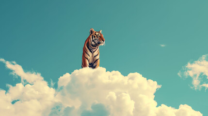  a tiger standing on top of a cloud in the sky with its mouth open and it's eyes wide open. - obrazy, fototapety, plakaty