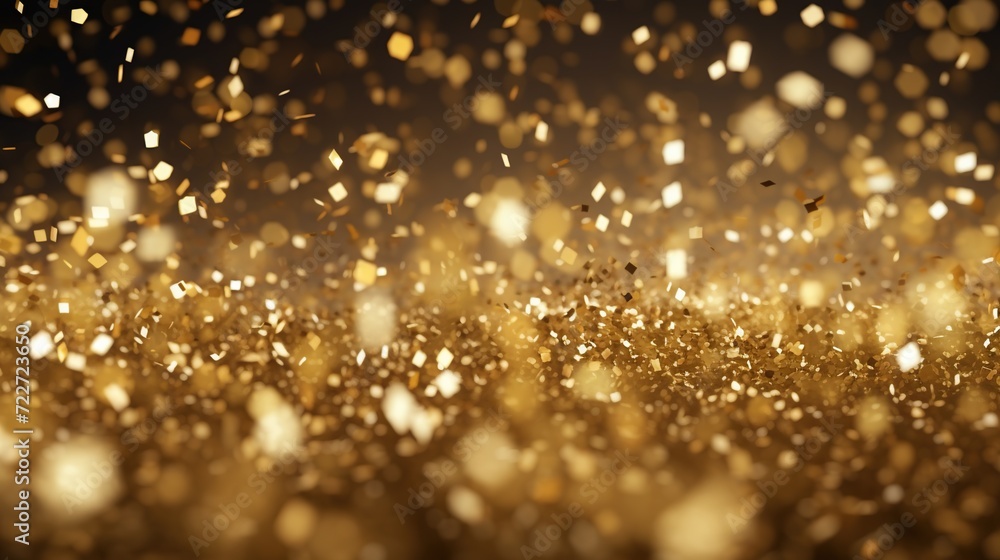 Poster shinny golden glitter particles with shinning gold floating dust particles flare on dark background.